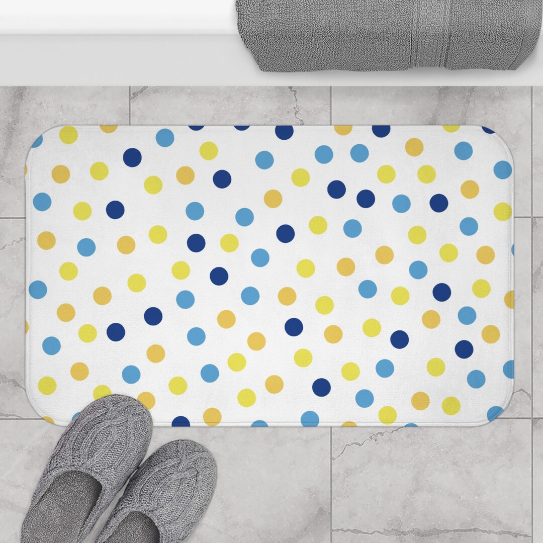 Blue Yellow Polka Dot Bath Mat, Dot Bath Mat, Polka Dot Bath Decor