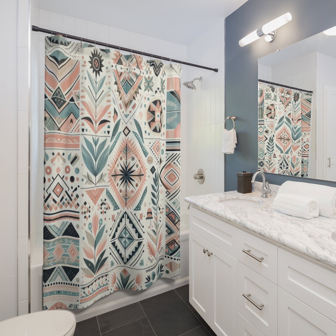 Boho Shower Curtain, Boho Bath Decor, Peach Green Shower Curtain ...