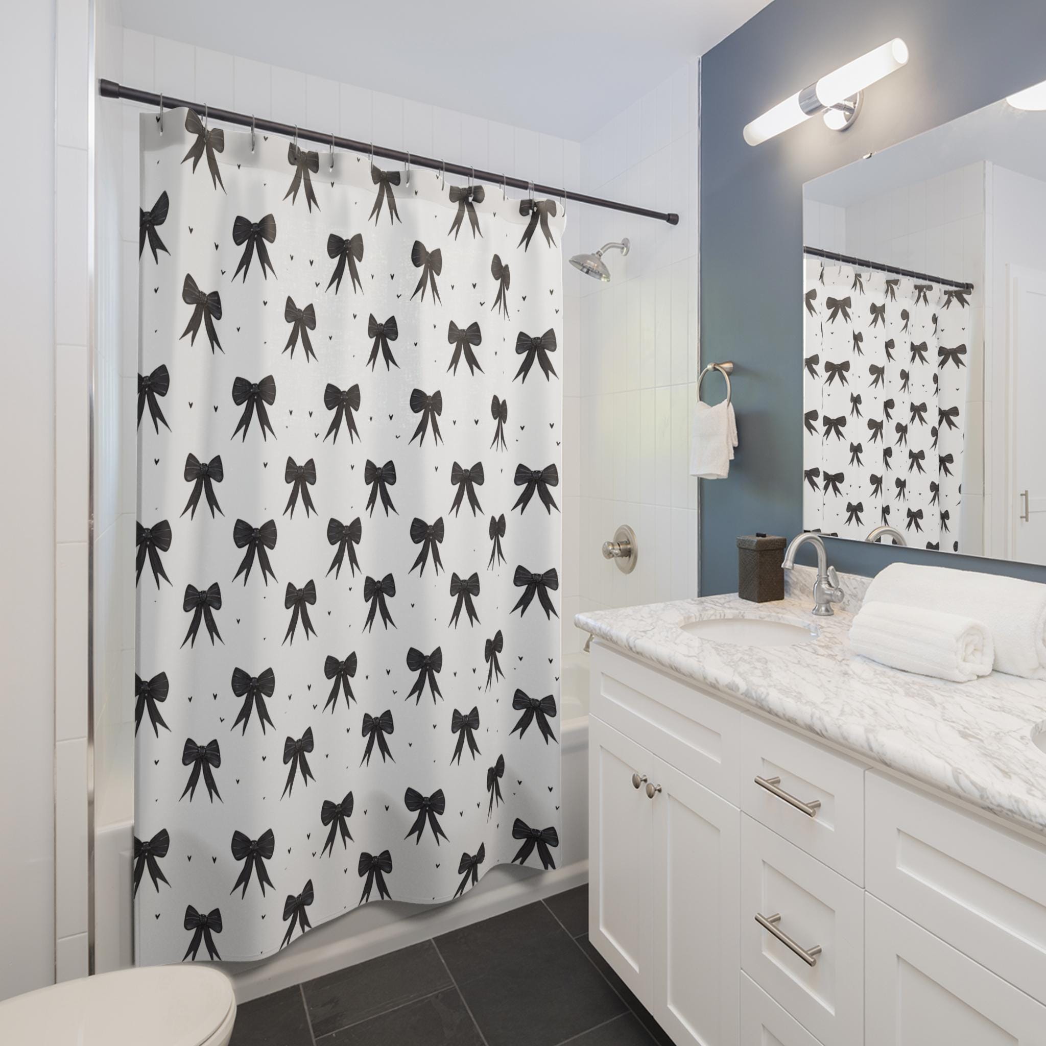 Coquette Black Bow Shower Curtain - Bath Decor, Bathroom Accessories, Elegant Home Decor, Vintage Style Curtain, Unique Gift Idea