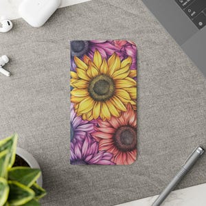 Funda con tapa de flores coloridas para teléfono, funda floral, regalo para ella, diseño de girasol, elegante funda tipo billetera.