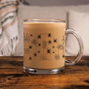 Halloween Spider Web Glass Mug | 10oz Drinkware, Coffee Cup, Spooky Decor, Gift for Halloween Lovers, spooky bat design coffee tea