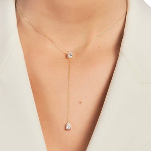 ARZU | Dainty Diamond Lariat Necklace, 2 Diamond Drop Y Necklace, Valentines Day, Mama Gift, Layering Y Necklace, Gift for Her