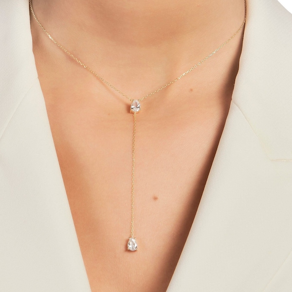 ARZU | Dainty Diamond Lariat Necklace, 2 Diamond Drop Y Necklace