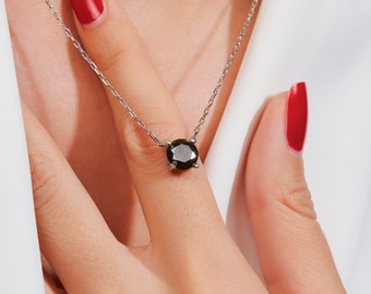 HIBA | 18K Gold Filled Round Black Stone Charm Necklace, Dainty Black Gemstone Stone Charm Necklace