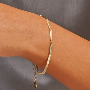 OYA | 18K Gold Filled Rectangle Bar Link Diamond Tennis Bracelet, Dainty Pave Diamond Bar Tennis Bracelet, Dainty Thin Bar Link Bracelet