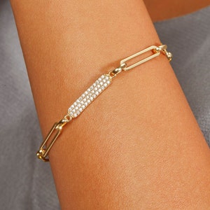 JADIRA | 18K Gold Filled Thick Paperclip Chain Baguette Diamond Bracelet, Dainty Paperclip Chain Bracelet