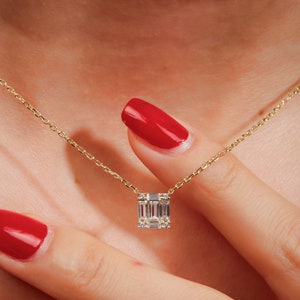 CRISTAL | Diamond Baguette Pendant Necklace, Square Diamond Charm Necklace