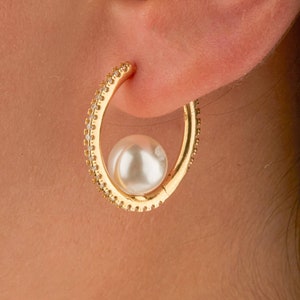 MARGOLA | Dainty Pearl Huggie Hoop Earrings, Pearl Bridesmaids Earrings as Wedding Jewelry, Perfect Gift for Mom