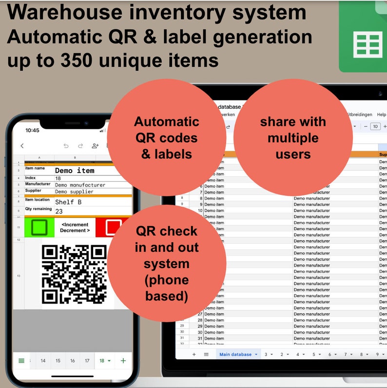 Inventory Management Spreadsheet QR Codes and Labels for Updating Stock