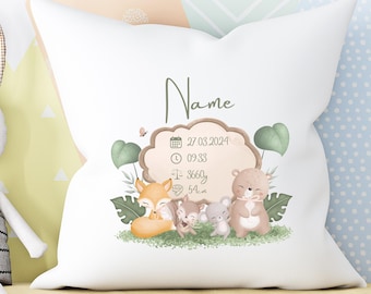 Baby Kissen personalisiert mit dem Namen und den Geburtsdaten - ideal als Geschenk zur Geburt oder Taufe  - Kopfkissen 40x40cm