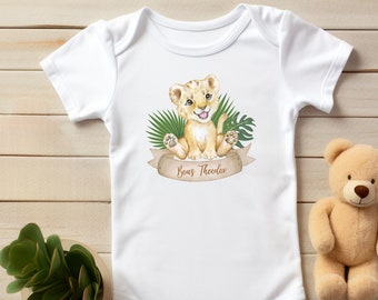 Baby bodysuit personalized with a tiger motif romper as a unisex gift idea for boys and girls