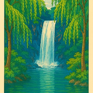 May include: A serene landscape print featuring a waterfall cascading into a calm pool of water. Lush green trees frame the waterfall, with a blue sky peeking through. The artwork has a Japanese aesthetic, with the artist's name in the bottom right corner.