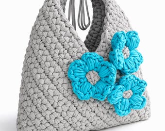 Gehäkelte mittelgroße gehäkelte Umhängetasche – mittelgroße Baumwoll-Umhängetasche – texturierte Geldbörse – Boho-Blumen-Handtasche