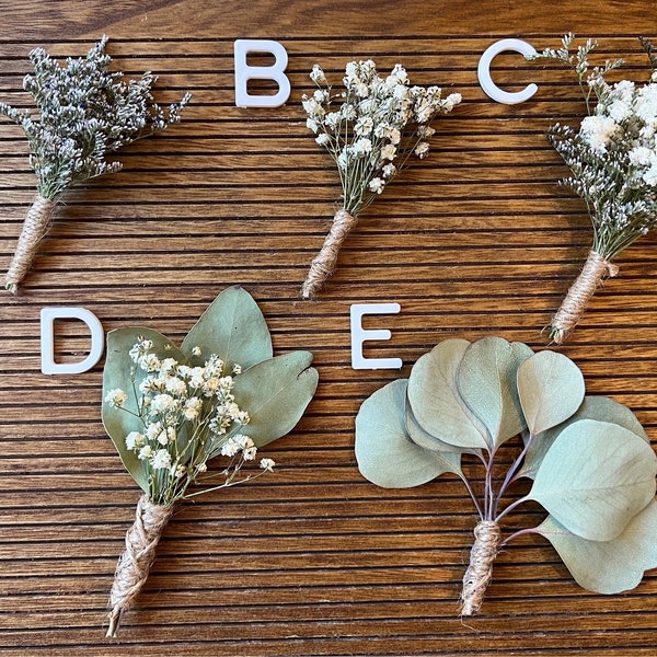 Dried Flower Boutonnieres - Mini Dried Flower Bouquets - Sea Lavender - Baby's Breath - Eucalyptus