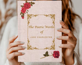 Può includere: Un libro rosa con una cornice dorata ornata e il testo "The Poetic Works of JANE CHARLESTON". Il libro è decorato con rose rosse.