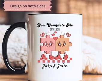 14th Anniversary Mug Valentines Day Mug Puzzle Pieces You Complete Me, 14th Anniversary Gift, Custom Names, Ceramic Mug,Wedding