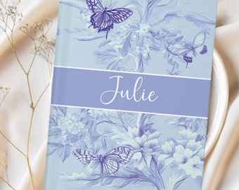 Custom Name Journal Blue Toile Gift Personalized Notebook Personalized Diary Butterfly Cottagecore Coquette Custom Bridesmaid Gift for Her
