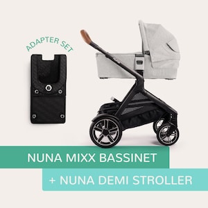 May include: A Nuna Mixx bassinet in light gray with a canopy, attached to a black Nuna Demi stroller frame with four wheels and a brown handle. A black adapter set is positioned to the left. Text reads NUNA MIXX BASSINET + NUNA DEMI STROLLER.
