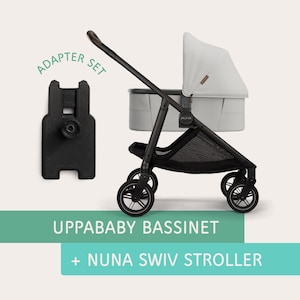 May include: A black stroller with a gray bassinet and a black adapter set. The stroller has four wheels and a black frame. The bassinet has a light gray canopy. The text on the image reads "UPPABABY BASSINET + NUNA SWIV STROLLER."