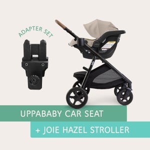 Puede incluir: Un juego de adaptador negro y un cochecito Joie Hazel con un asiento de coche UPPAbaby. El cochecito tiene un marco negro, cuatro ruedas y una capota beige. El texto en la imagen dice "UPPAbaby car seat + Joie Hazel stroller."