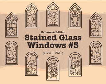 Stained Glass Halloween SVG Bundle: Spooky Window Designs (SVG, PNG)