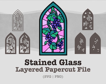 Stained Glass Grape Papercut: Layered Vineyard Design (SVG, PNG)
