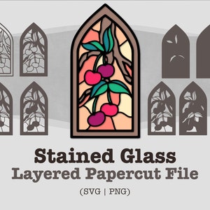 May include: A stained glass window design featuring a cherry branch with red and purple cherries. The design is in a traditional arched window shape and is perfect for papercutting.