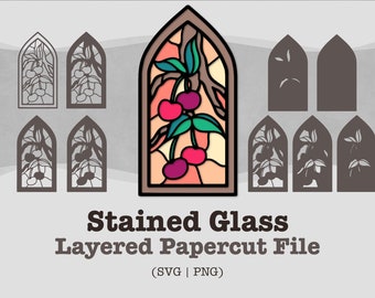 Stained Glass Cherry Papercut: Layered SVG PNG (Digital Download)