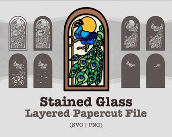 Stained Glass Peacock Papercut: Layered SVG, PNG (Digital Download)