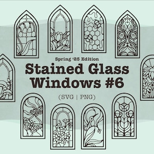 May include: Set of 9 black and white stained glass window designs featuring various spring-themed motifs, including mushrooms, butterflies, flowers, and bees. The designs are labeled "Spring '25 Edition Stained Glass Windows #6 (SVG | PNG)"