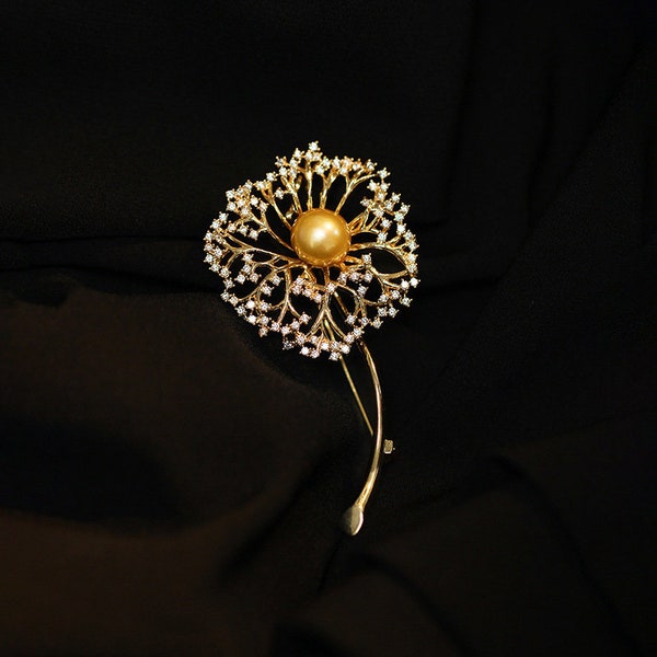 Handmade Dandelion Pearl Brooch Natural Freshwater Pearl Diamond Flower Pin Luxury Personality Temperament Versatile Corsage Accessories.