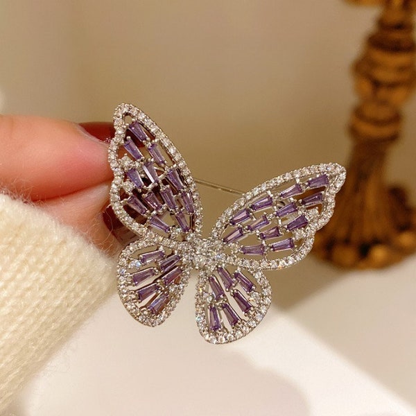 Handgemachte Lila Schmetterling Brosche Swarovski Diamant Insekt Pin Super Glänzend Fantasy Vintage Elegante Corsage Accessoires