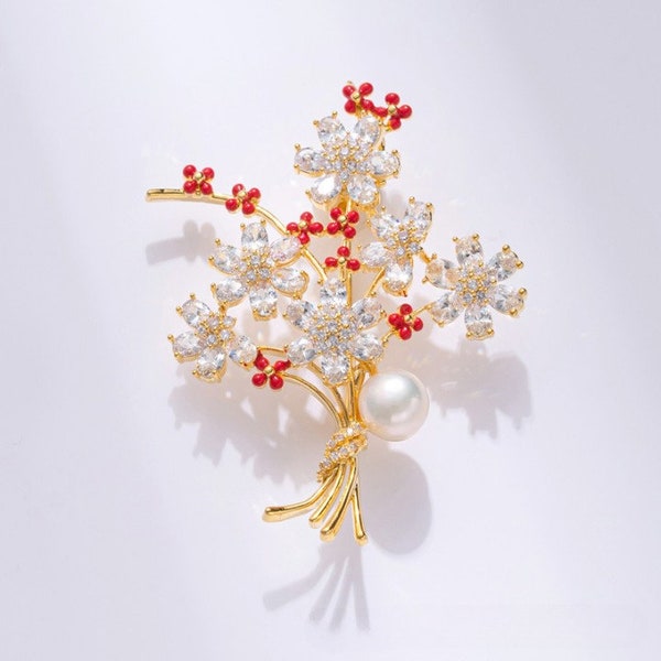 Broche de árbol de la suerte con perlas naturales hechas a mano, broche de flor de diamante chapado en oro de 18 quilates, accesorios de ramillete navideños de moda exquisitos únicos con caja.