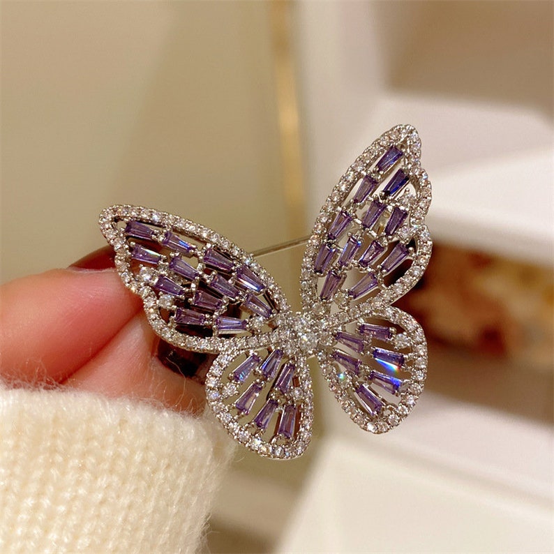 Handgemachte Lila Schmetterling Brosche Swarovski Diamant Insekt Pin Super Glänzend Fantasy Vintage Elegante Corsage Accessoires Bild 9