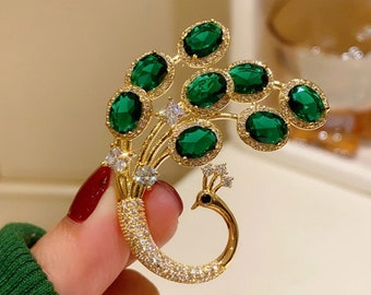 Handgemachte Smaragd Pfau Brosche Französisch Retro Elegant Vielseitig Pins Persönlichkeit Nischenstil Kristall Tier Corsage Accessoires Winter Deco.