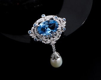 Handgemachte Natürliche Perle Wassertropfen Brosche Platinum Blauer Diamant Pin Luxus Palast Vintage Abendkleid Winter Corsage Accessoires