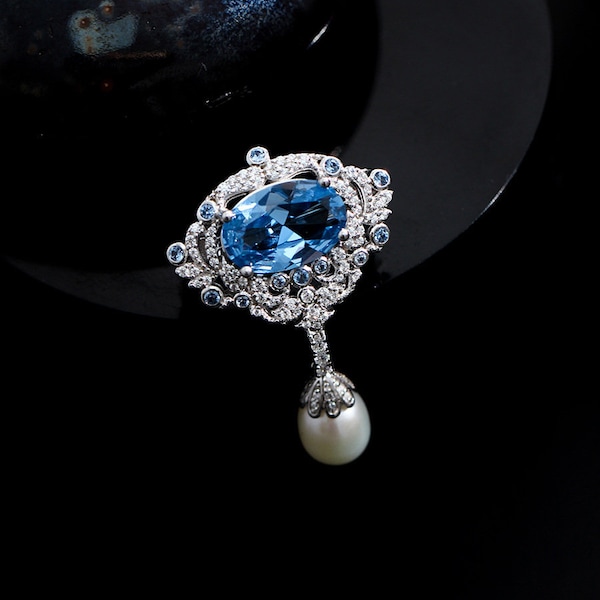 Handmade Natural Pearl Water Droplets Brooch Platinum-Plated Blue Diamond Pin Luxury Palace Vintage Evening Dress Winter Corsage Accessories