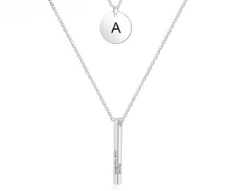 Collar de barra con nombre personalizado, collar de plata de ley S925, colgante de coordenadas con nombre personalizado, collar minimalista grabado.