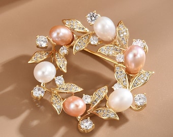 Handgemaakte Zoetwaterparel Roze Garland Broche 18k Vergulde Diamanten Pin Lente Klassieke Vintage Temperament Corsage Bruiloft Accessoires