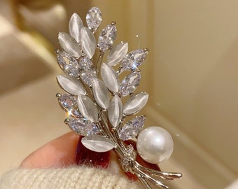 Handgemachte Opal Natürliche Perle Feder Brosche Französisch 14k Vergoldet Diamant Pin Vintage Einzigartige Schlichte Elegante Corsage Accessoires Mit Box.