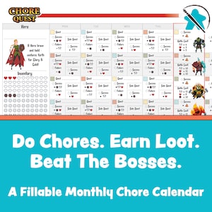 Afdrukbaar maandelijks karweigrafiekspel - Chore Quest Fantasy (meisje B)
