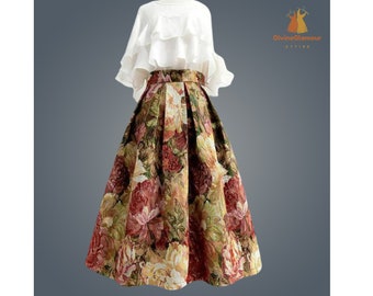 Women Tapestry Floral High Waist Pockets Skirt