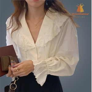 Women Spring Summer Lantern Sleeve Ruffle Blouse Casual Office Shirt