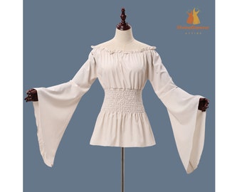 Women Renaissance Blouse White Chemise Pirate Medieval Peasant Top Steampunk Bell Sleeve Off Shoulder Long Sleeve