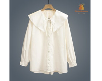 Dames zomer plus maat witte peter pan kraag blouse met lange mouwen