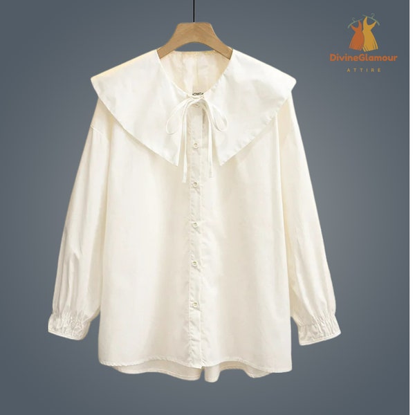 Women Summer Plus Size White Peter Pan Collar Long Sleeve Blouse