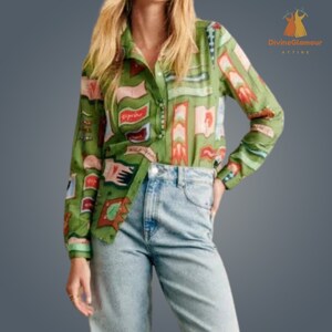 Women Spring Summer Long Puffy Sleeve Printed Casual Blouse Green(as in photo)