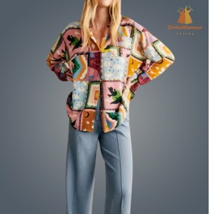 Women Spring Summer Long Puffy Sleeve Printed Casual Blouse image 1