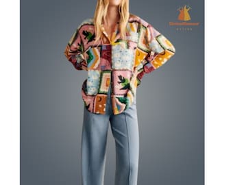 Women Spring Summer Long Puffy Sleeve Printed Casual Blouse