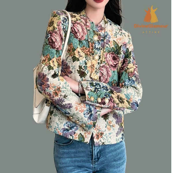 Blazer de tapiz floral otoño/invierno para mujer, chaqueta tapiz de mujer de colores de otoño, abrigo clásico de mujer